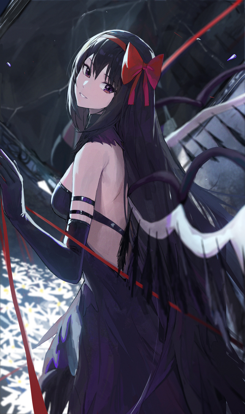 1girl absurdres akemi_homura akuma_homura armpit_crease backless_dress backless_outfit black_dress black_feathers black_gloves black_hair black_wings bow bow_hairband breasts dress elbow_gloves feathers from_side gloves hair_bow hairband highres jianjia long_hair looking_at_viewer mahou_shoujo_madoka_magica mahou_shoujo_madoka_magica:_hangyaku_no_monogatari mahou_shoujo_madoka_magica_(anime) medium_breasts parted_lips purple_eyes red_bow red_ribbon ribbon very_long_hair wings