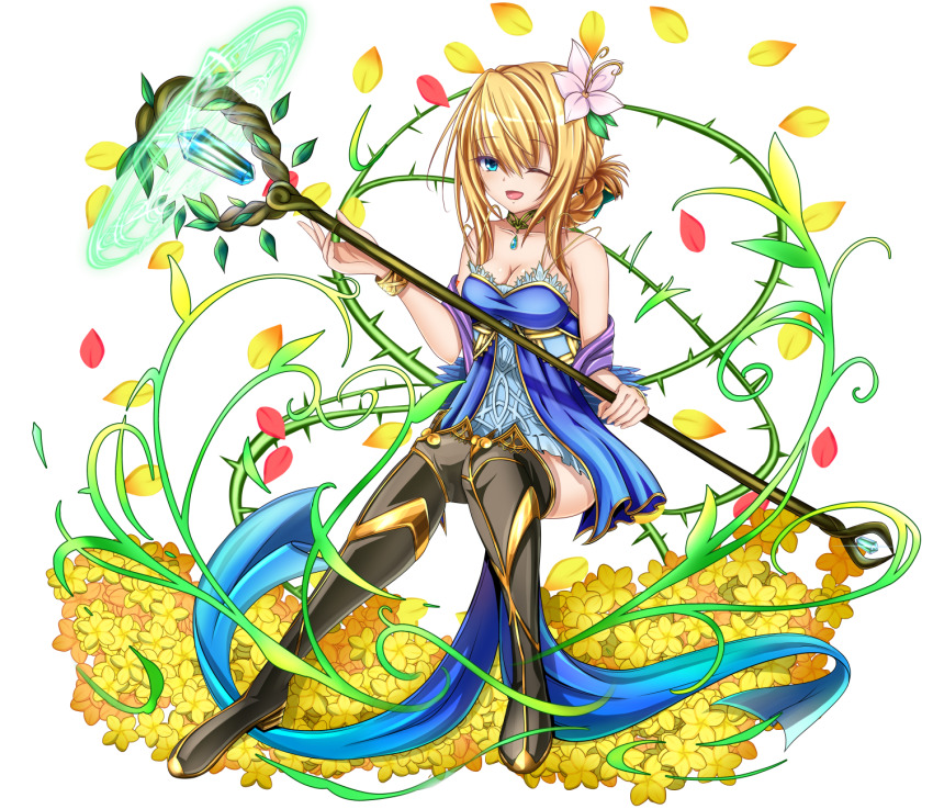 1girl aneten armored_legwear bare_shoulders blonde_hair blue_dress blue_eyes breasts cleavage dress emil_chronicle_online flower hair_flower hair_ornament highres holding holding_staff jewelry large_breasts le_fay_lore off-shoulder_dress off_shoulder one_eye_closed pendant staff thorns