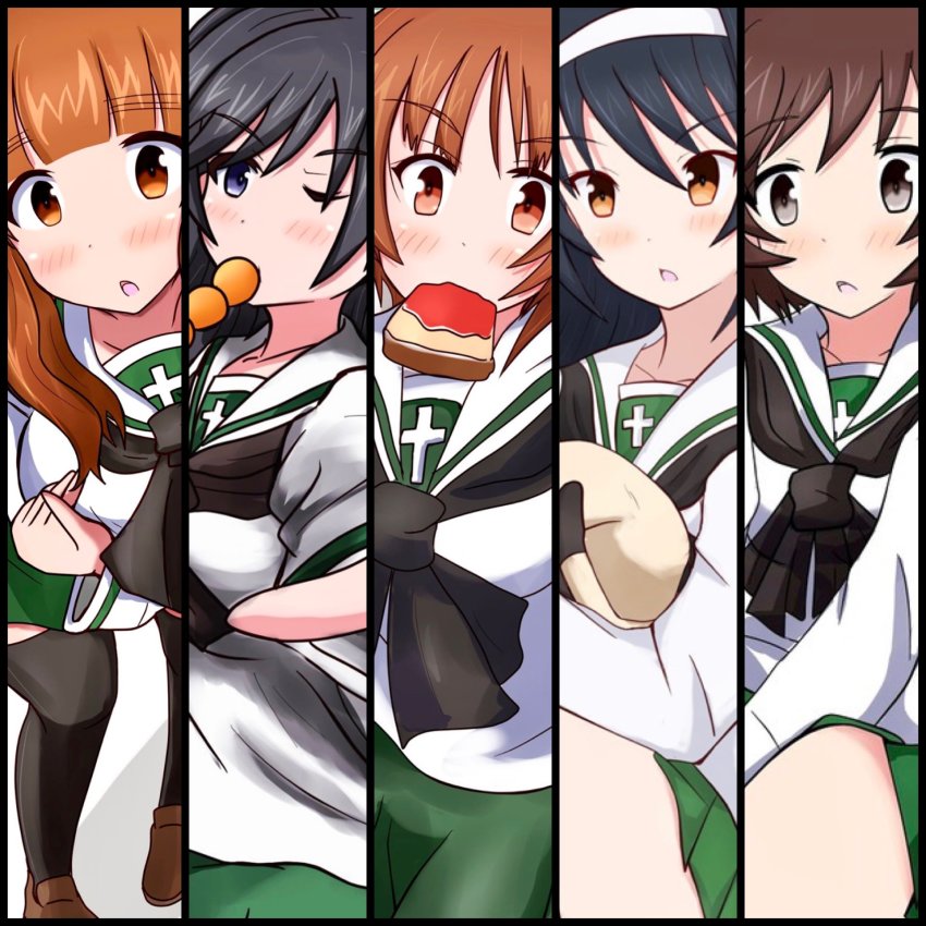 5girls ahoge akiyama_yukari black_eyes black_hair black_neckerchief blouse blunt_bangs brown_eyes brown_hair food_in_mouth girls_und_panzer green_skirt hairband highres isuzu_hana long_hair long_sleeves looking_at_viewer meiya multiple_girls neckerchief nishizumi_miho one-eyed ooarai_school_uniform orange_eyes orange_hair pleated_skirt reizei_mako sailor_collar school_uniform serafuku shirt short_hair skirt takebe_saori white_hairband white_sailor_collar white_shirt