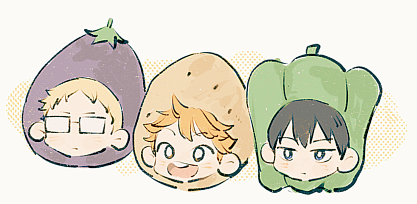 3boys :d bell_pepper black_hair blonde_hair blue_eyes bright_pupils chibi chibi_only chinese_commentary closed_mouth commentary_request double-parted_bangs eggplant eggplant_costume expressionless food_costume glasses green_bell_pepper haikyuu!! halftone hinata_shouyou jitome kageyama_tobio linbeiyx looking_ahead male_focus multiple_boys opaque_glasses open_mouth orange_hair partial_commentary potato rectangular_eyewear short_bangs short_hair simple_background smile tsukishima_kei very_short_hair white_background white_pupils