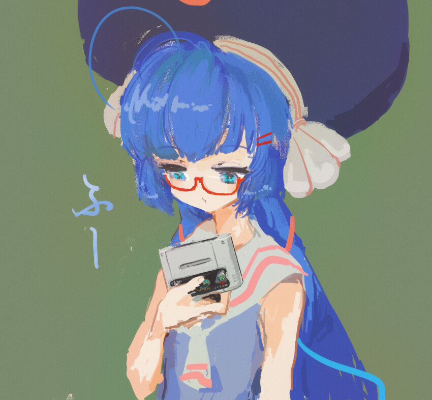 1girl ahoge arm_at_side blowing blue_eyes blue_hair blue_shirt commentary_request eel_hat game_cartridge game_console glasses green_background hair_ornament hairclip hand_up highres holding holding_game_cartridge kabuyama_kaigi long_hair looking_at_object looking_down low_twintails neckerchief nintendo_64 otomachi_una otomachi_una_(talkex) sailor_collar shirt simple_background sleeveless sleeveless_shirt solo talkex translation_request twintails upper_body vocaloid white_neckerchief white_sailor_collar