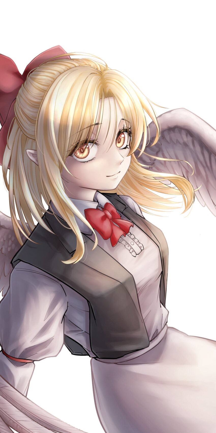 1girl absurdres angel_wings black_vest blonde_hair bow bowtie breasts center_frills closed_mouth commentary_request cowboy_shot curtained_hair feathered_wings frills gengetsu_(touhou) hair_bow half_updo highres long_hair long_sleeves looking_at_viewer medium_breasts open_clothes open_vest parted_bangs pointy_ears red_bow red_bowtie red_ribbon ribbon shirt shu_reise simple_background sleeve_ribbon smile solo standing touhou touhou_(pc-98) vest white_background white_shirt white_wings wings yellow_eyes