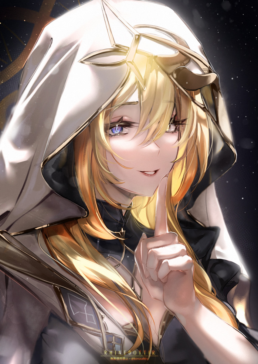 1girl blonde_hair blue_eyes breasts character_name commentary_request finger_to_mouth fingernails genshin_impact hair_between_eyes hand_up heterochromia highres index_finger_raised korusakku large_breasts long_fingernails long_hair looking_at_viewer mixed-language_commentary parted_lips partial_commentary portrait rhinedottir_(genshin_impact) smile solo star_(sky) starry_sky_background symbol-shaped_pupils twitter_username veil white_veil yellow_eyes