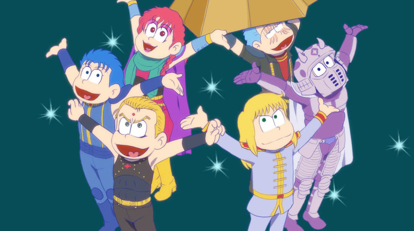 10s 1girl 5boys armor arms_up belt blonde_hair blue_hair braid cape cross hanamaru_pippi_wa_yoi_ko_dake helmet hokuto_no_ken juda lipstick long_hair makeup mitarashi_dingo multiple_boys open_mouth osomatsu-kun osomatsu-san osomatsu_(series) parody purple_eyes pyramid_(structure) red_cross red_eyes red_hair rei_(hokuto_no_ken) scar scarf shin_(hokuto_no_ken) short_hair shoulder_pads shu_(hokuto_no_ken) silver_hair smile souther star_(symbol) style_parody tenshou_juuji_hou yuda_(hokuto_no_ken)