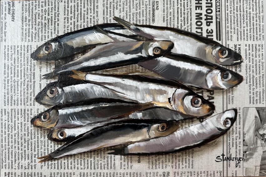absurdres fish food food_focus highres julia_stankevych newspaper no_humans oil_painting_(medium) original painting_(medium) photo_(medium) realistic sardine signature still_life traditional_media wall_of_text