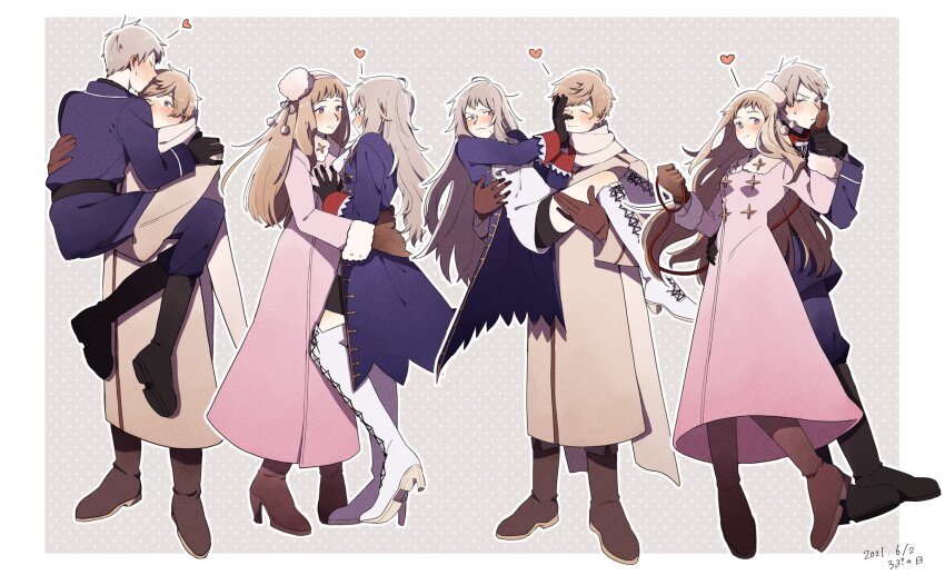 2boys 2girls ascot axis_powers_hetalia back baggy_pants belt black_belt black_boots black_gloves black_shorts blonde_hair blue_jacket blue_pants blush boots border brown_boots brown_coat brown_gloves carrying carrying_person clenched_hand closed_eyes closed_mouth coat collar commentary_request cross dated dress dual_persona fu_tooon full_body fur-trimmed_dress fur-trimmed_sleeves fur_hat fur_trim genderswap genderswap_(mtf) gloves grey_background grey_hair hair_between_eyes hairband hand_around_waist hand_on_another&#039;s_chest hand_on_another&#039;s_face hand_on_another&#039;s_shoulder hands_on_another&#039;s_face hat hetero high_heels highres holding holding_another&#039;s_wrist holding_leash hug jacket kissing_hair lapels leash long_hair long_sleeves looking_at_another looking_at_viewer military_jacket military_uniform mini_hat multiple_boys multiple_girls multiple_views one_eye_closed open_clothes open_jacket outside_border pants pink_dress pink_hairband pink_hat pink_ribbon polka_dot polka_dot_background pom_pom_(clothes) princess_carry prussia_(female)_(hetalia) prussia_(hetalia) purple_eyes red_collar ribbon russia_(female)_(hetalia) russia_(hetalia) scarf shirt short_hair shorts smile standing sweatdrop v-shaped_eyebrows white_ascot white_boots white_border white_scarf white_shirt yaoi yuri