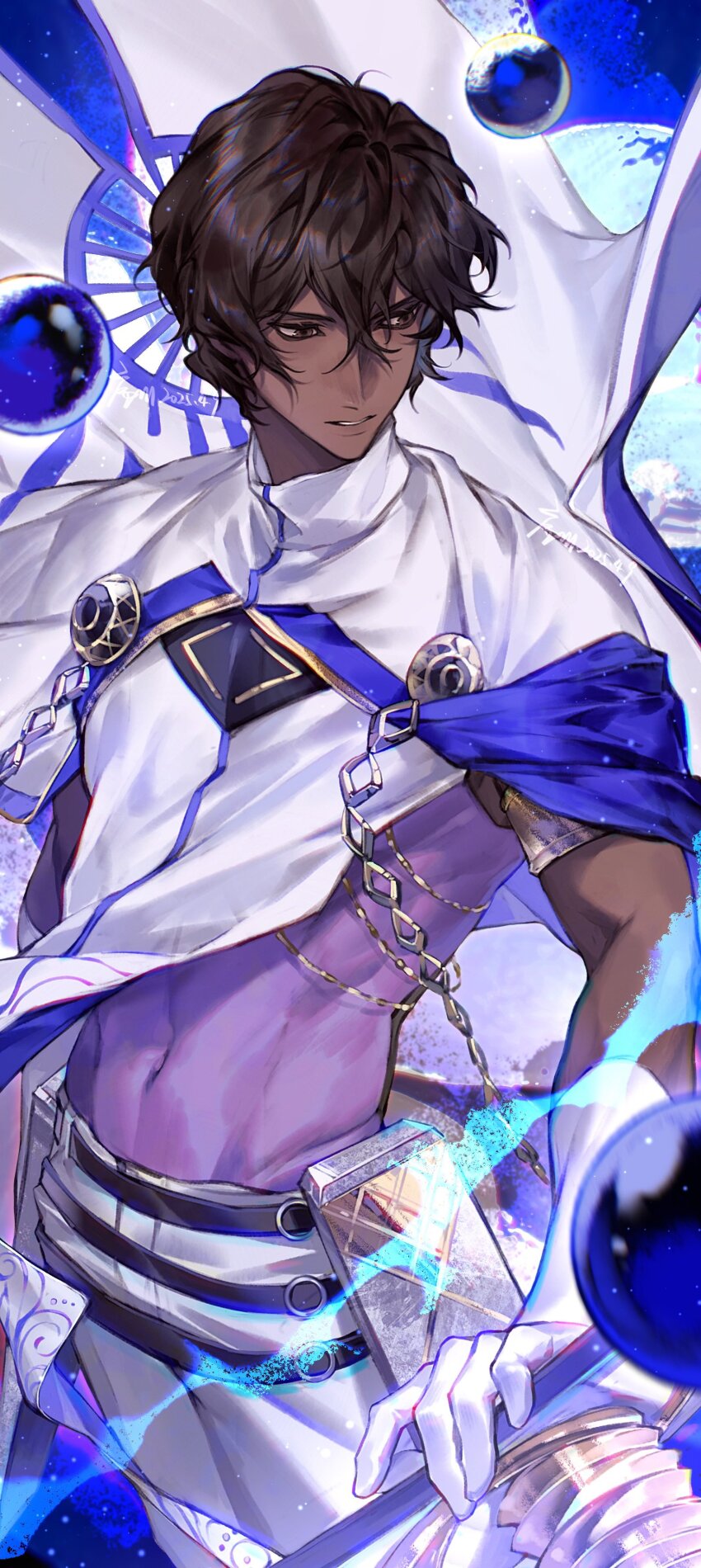 1boy absurdres arjuna_(fate) arjuna_(third_ascension)_(fate) armlet belt black_eyes black_hair covered_navel cowboy_shot dark-skinned_male dark_skin fate/grand_order fate_(series) gloves hair_between_eyes highres holding indian_clothes jewelry looking_to_the_side male_focus short_hair solo white_gloves xuchuan