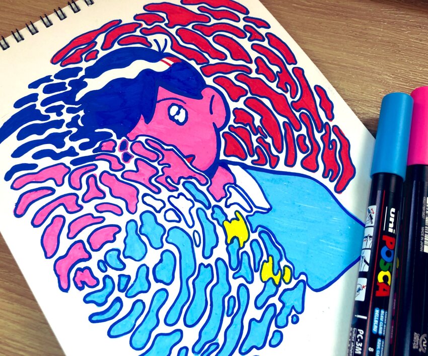1boy art_tools_in_frame buttons child collared_shirt colored_skin highres male_focus maririnbo marker_(medium) matsuno_osomatsu open_mouth osomatsu-kun osomatsu_(series) pink_skin portrait ripples shirt surreal traditional_media