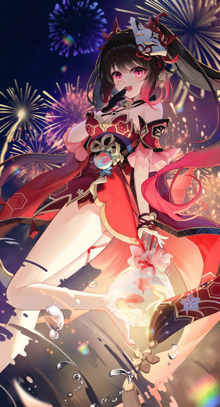 1girl absurdres bare_shoulders black_gloves black_hair commentary_request detached_sleeves dress fireworks floating fox_mask gloves highres honkai:_star_rail honkai_(series) koi long_hair looking_at_viewer mask mask_on_head mole mole_under_each_eye mole_under_eye multiple_moles night night_sky obi pioko red_dress red_eyes sash single_glove sky sleeveless sleeveless_dress solo sparkle_(honkai:_star_rail) twintails water_drop
