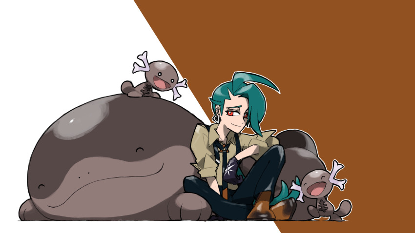 1girl :d androgynous black_gloves black_pants blacknirrow brown_background brown_shirt brown_shoes clodsire closed_eyes closed_mouth creatures_(company) earrings evolutionary_line eyelashes game_freak gloves green_hair highres jewelry long_hair nintendo open_mouth outline paldean_wooper pants pokemon pokemon_(creature) pokemon_sv ponytail red_eyes reverse_trap rika_(pokemon) shirt shoes simple_background sitting smile two-tone_background white_background white_outline