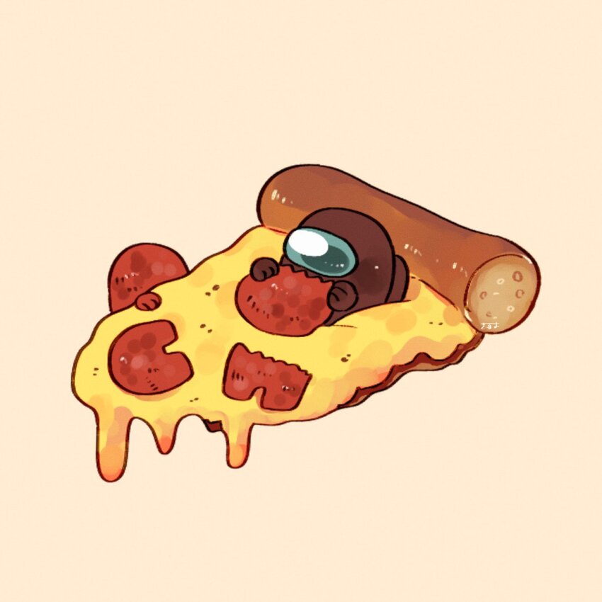 among_us brown_(among_us) brown_background commentary eating english_commentary food highres holding holding_food impostor_(among_us) pepperoni pepperoni_pizza pizza pizza_slice signature simple_background sitting solo tenmiyakiyo