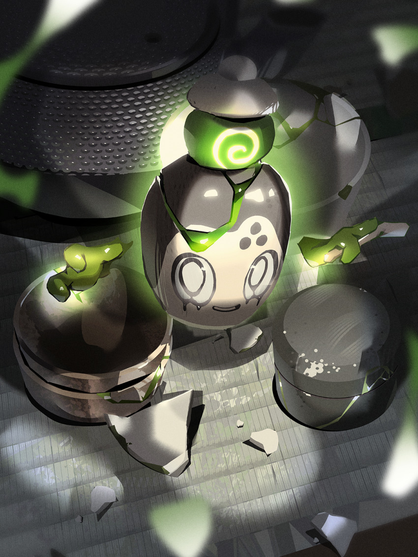 commentary crack cracked_bowl full_body glowing highres jar looking_at_viewer matwvv nintendo no_humans pokemon pokemon_(creature) pokemon_focus poltchageist pottery smile solo