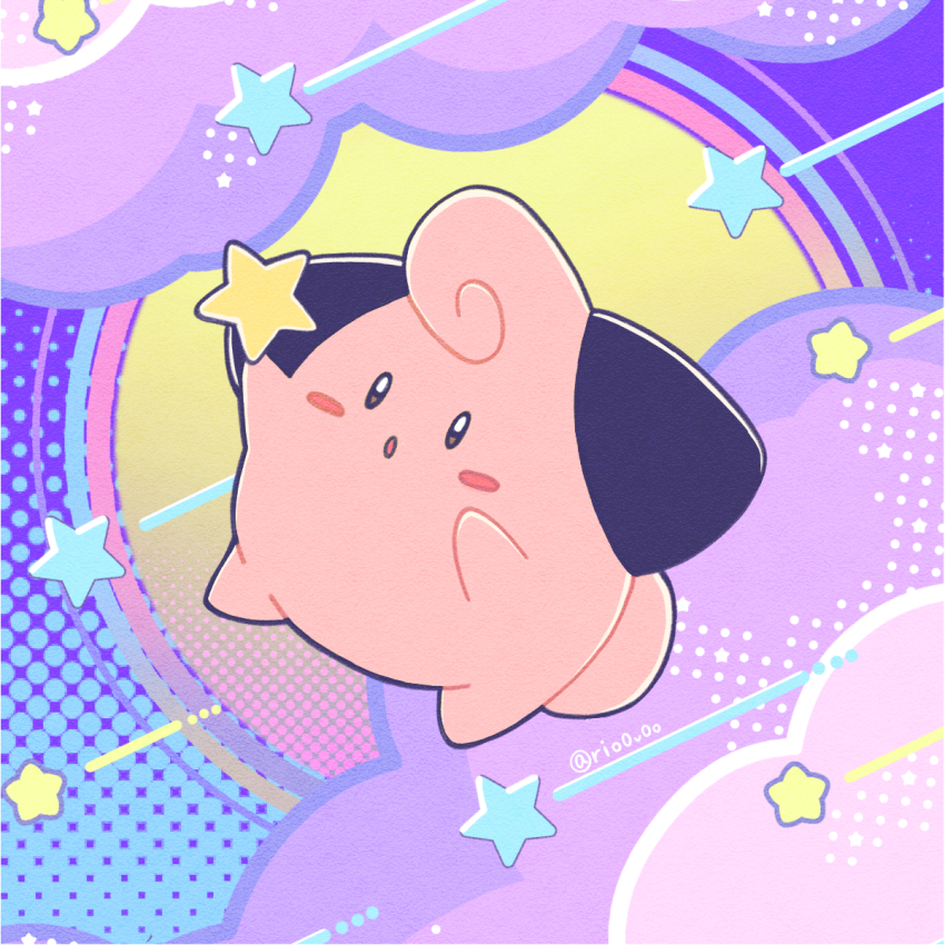 blush_stickers cleffa commentary_request full_body gen_2_pokemon highres nintendo no_humans open_mouth pastel_colors pink_eyes pokemon pokemon_(creature) rio_(rio0v0o) solo star_(symbol) twitter_username