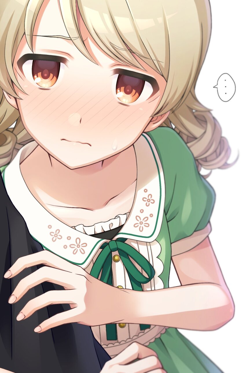 ... 1girl 1other blonde_hair blurry blush breasts brown_eyes budoumfmf closed_mouth collarbone depth_of_field dress drill_hair furrowed_brow green_dress green_ribbon hand_on_another&#039;s_arm highres idolmaster idolmaster_cinderella_girls idolmaster_cinderella_girls_starlight_stage long_hair looking_at_another morikubo_nono neck_ribbon ribbon ringlets short_sleeves simple_background small_breasts solo_focus speech_bubble sweatdrop white_background