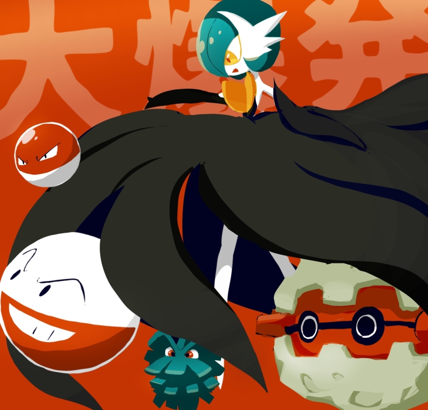 1girl alternate_color black_dress black_eyes black_gloves blue_hair bob_cut colored_skin dress elbow_gloves electrode_(pokemon) female_focus flat_chest forretress gardevoir gen_1_pokemon gen_2_pokemon gen_3_pokemon gloves grin hair_over_one_eye happy highres japanese_text long_dress mega_gardevoir mega_pokemon monya nintendo one_eye_covered open_mouth orange_eyes pineco pokemon pokemon_(creature) red_background red_eyes shiny_pokemon short_hair smile standing strapless strapless_dress teeth text_background translation_request voltorb white_skin