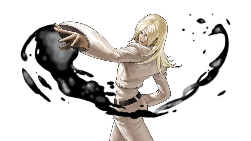 1boy ass belt blonde_hair blue_eyes fire hair_over_one_eye highres long_hair male_focus open_mouth saiki_(kof) snk solo the_king_of_fighters white_background