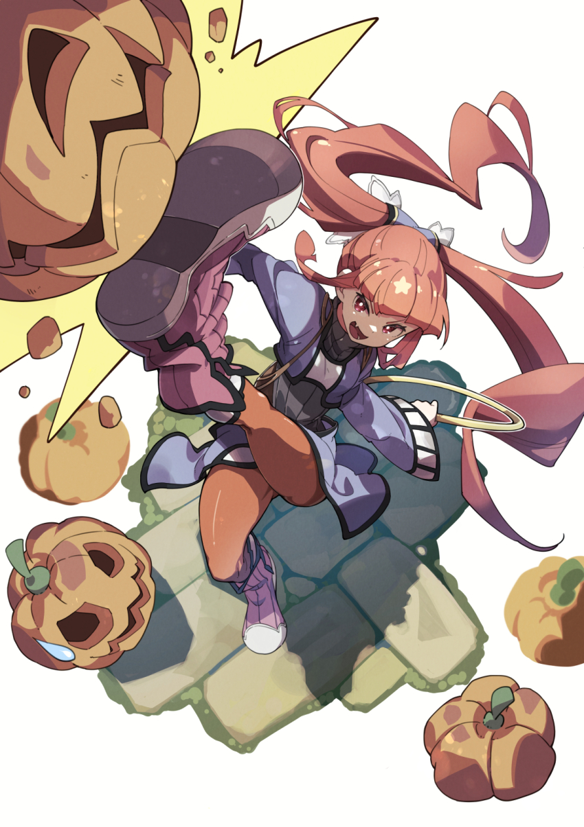 1girl boots breasts chakram commission dewprism dress full_body halloween highres jack-o&#039;-lantern kicking knee_boots long_hair long_sleeves mint_(dewprism) open_mouth orange_pantyhose pantyhose pink_hair pumpkin skeb_commission smile solo twintails ushiki_yoshitaka weapon white_background