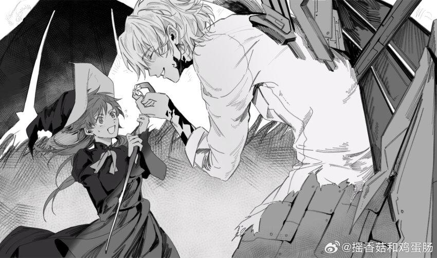 2boys :d ^_^ chinese_commentary clear_(dramatical_murder) closed_eyes commentary_request cracked_skin crossdressing daisy dramatical_murder dress floating_clothes floating_hair flower flying_sweatdrops greyscale grin hand_up hat highres holding holding_flower holding_staff juliet_sleeves long_dress long_hair long_sleeves looking_at_another mage_staff male_focus mechanical_wings monochrome multiple_boys open_mouth puffy_sleeves qincaihefan seragaki_aoba shirt short_hair smile staff sweatdrop three-quarter_sleeves trap two-handed watermark weibo_watermark wide-eyed wings witch witch_hat