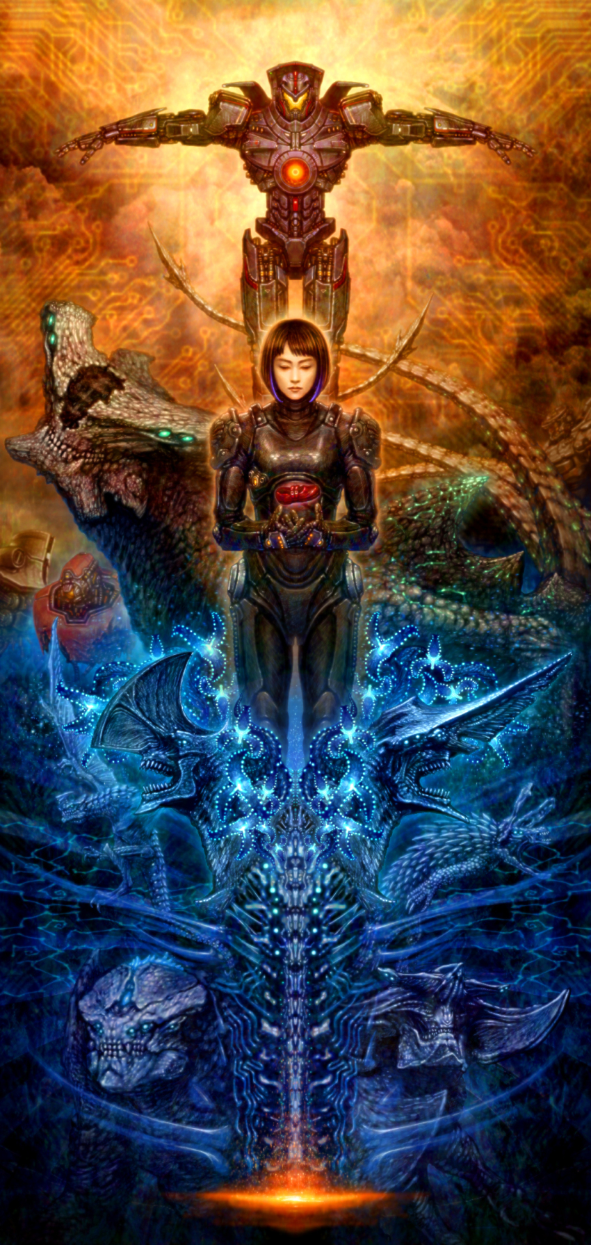 1girl alien armor bob_cut body_armor bodysuit cannon cherno_alpha chest_cannon circuit closed_eyes commentary_request crimson_typhoon drivesuit_(pacific_rim) energy_cannon epic fangs gipsy_danger glowing glowing_eyes glowing_mouth highres holding jaeger_(pacific_rim) kaiju katou_yuu knifehead leatherback legendary_pictures looking_at_viewer mako_mori mecha mecha_pilot_suit monster multicolored_hair mural mutavore neon_trim nuclear_vortex_turbine otachi pacific_rim pan_pacific_defense_corps parody realistic robot science_fiction scunner shoes slattern streaked_hair striker_eureka symbolism tail