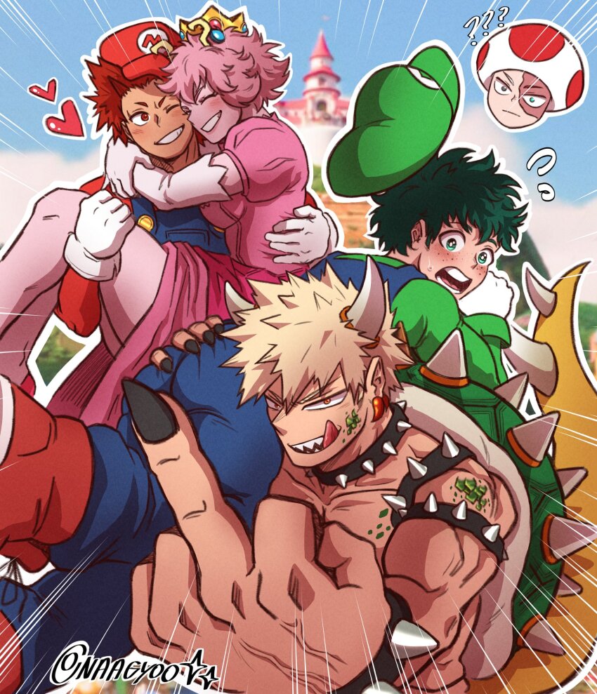 armlet artist_name ashido_mina bakugou_katsuki black_nails blonde_hair blue_eyes blue_overalls boku_no_hero_academia bowser bowser_(cosplay) bracelet carrying_over_shoulder castle closed_eyes collar colored_skin cosplay crossover crown dress elbow_gloves gloves green_eyes green_hair green_headwear green_shirt hat heart highres horns hug jewelry kirishima_eijirou luigi luigi_(cosplay) mario mario_(cosplay) mario_(series) middle_finger midoriya_izuku multiple_boys naagyoo nintendo one_eye_closed open_mouth outdoors outline overalls pink_dress pink_gloves pink_hair pink_skin princess_peach princess_peach_(cosplay) red_hair red_headwear red_shirt sharp_teeth shirt short_hair spiked_armlet spiked_bracelet spiked_collar spiked_shell spikes tail teeth toad_(mario) toad_(mario)_(cosplay) todoroki_shouto tongue tongue_out watermark white_gloves white_outline