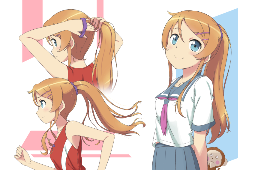 1girl alternate_hairstyle arms_behind_back bare_arms bare_shoulders blue_eyes closed_mouth commentary grey_sailor_collar grey_skirt hair_ornament hairclip highres holding holding_stuffed_toy kousaka_kirino kousaka_kirino&#039;s_school_uniform light_blush long_hair looking_at_viewer multiple_views neckerchief orange_hair ore_no_imouto_ga_konna_ni_kawaii_wake_ga_nai pleated_skirt ponytail purple_neckerchief purple_scrunchie red_shirt running sailor_collar scarletsky school_uniform scrunchie serafuku shirt short_sleeves sidelocks skirt sleeveless sleeveless_shirt smile stuffed_monkey stuffed_toy track_uniform tying_hair white_background white_shirt