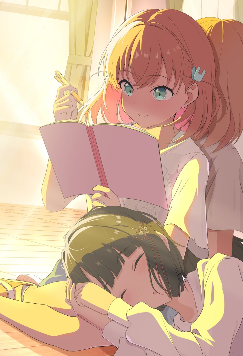 2girls :o absurdres against_mirror backlighting black_hair blue_skirt blunt_bangs blunt_ends bob_cut cerise_bouquet closed_mouth commentary_request curtains dutch_angle flower flower_knot full-length_mirror hair_flower hair_intakes hair_ornament highres hinoshita_kaho hinoshita_kaho_(summer_training_wear) holding holding_notebook holding_pen indoors lap_pillow link!_like!_love_live! long_sleeves love_live! medium_hair mirror momose_ginko momose_ginko_(summer_training_wear) morio_(mmorio_mu) multiple_girls notebook official_alternate_costume orange_hair own_hands_together parted_lips pen rabbit_hair_ornament shirt short_hair short_sleeves skirt sleeping smile split_mouth t-shirt two_side_up virtual_youtuber white_flower white_shirt window