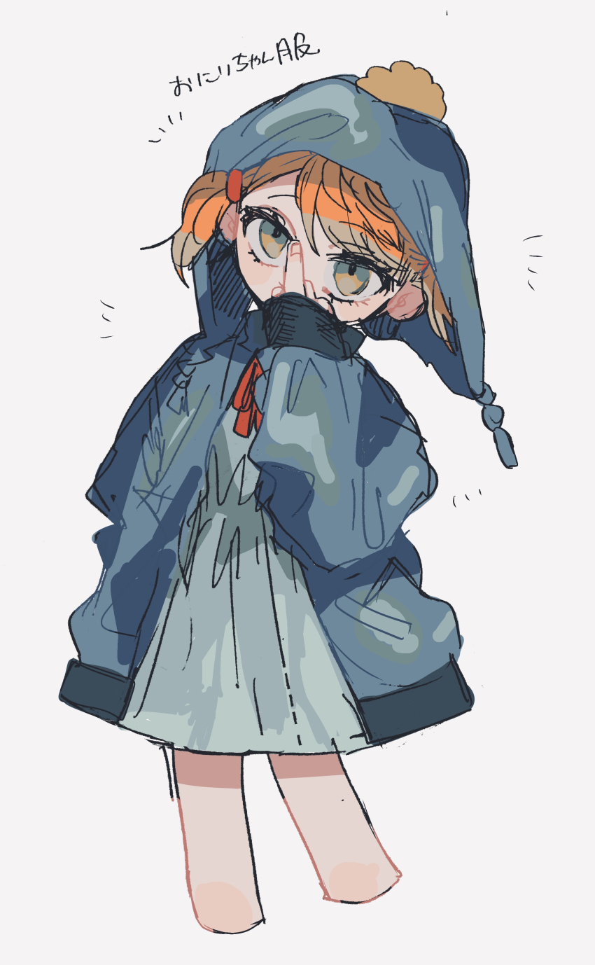 1girl absurdres animification blue_eyes chullo covering_own_mouth cropped_legs dress hair_tie head_tilt highres jacket kara_aren long_sleeves looking_at_viewer middle_finger neck_ribbon orange_hair ribbon sketch sleeves_past_wrists solo south_park tricia_tucker twintails