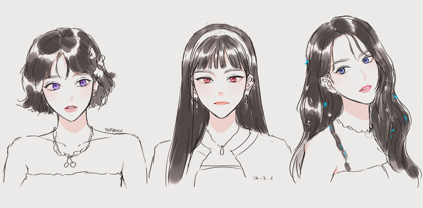 3girls black_hair blue_eyes blunt_bangs bob_cut commentary dress earrings eunha_(gfriend) gfriend hairband jewelry k-pop looking_to_the_side multiple_girls necklace pink_lips purple_eyes real_life red_eyes simple_background sinb_(gfriend) strapless strapless_dress symbol-only_commentary umji_(gfriend) upper_body viviz white_background yuringi
