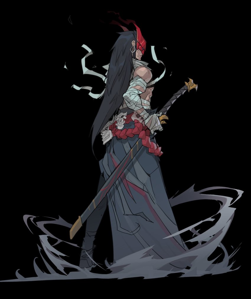 1boy bandaged_arm bandages bare_shoulders black_background black_hair earrings floating from_behind full_body hicham_habchi highres holding holding_sword holding_weapon jewelry league_of_legends long_hair male_focus mask unworn_mask muscular muscular_male red_mask simple_background skull_mask solo steam sword weapon yone_(league_of_legends)