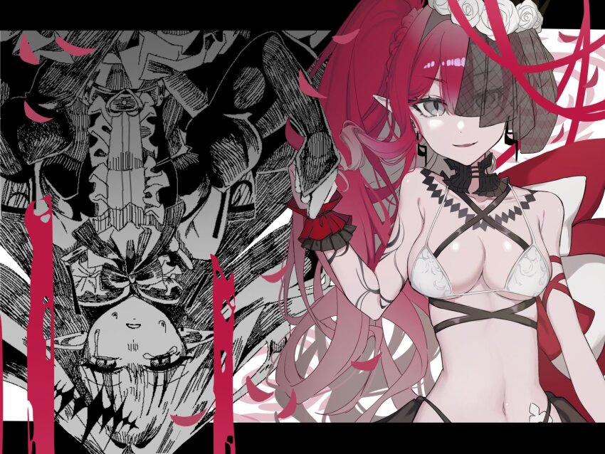 1girl 590kogure590 artist_collaboration baobhan_sith_(fate) baobhan_sith_(first_ascension)_(fate) baobhan_sith_(swimsuit_pretender)_(fate) baobhan_sith_(swimsuit_pretender)_(third_ascension)_(fate) bikini breasts crying detached_collar detached_sleeves dress fate/grand_order fate_(series) flower frilled_dress frills grey_eyes hair_flower hair_ornament hand_up highres looking_at_viewer multiple_views navel ogura_hasu pink_hair side_ponytail sidelocks smile swimsuit tears tiara veil white_bikini