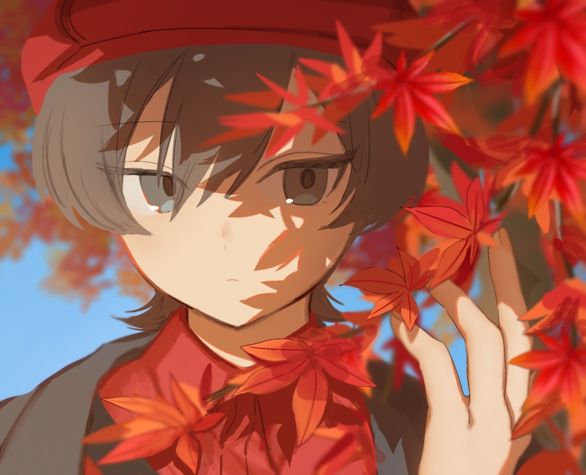 1other androgynous autumn_leaves es_(milgram) expressionless hand_up hat highres leaf looking_to_the_side milgram official_alternate_costume outdoors red_hat user_ckne3233