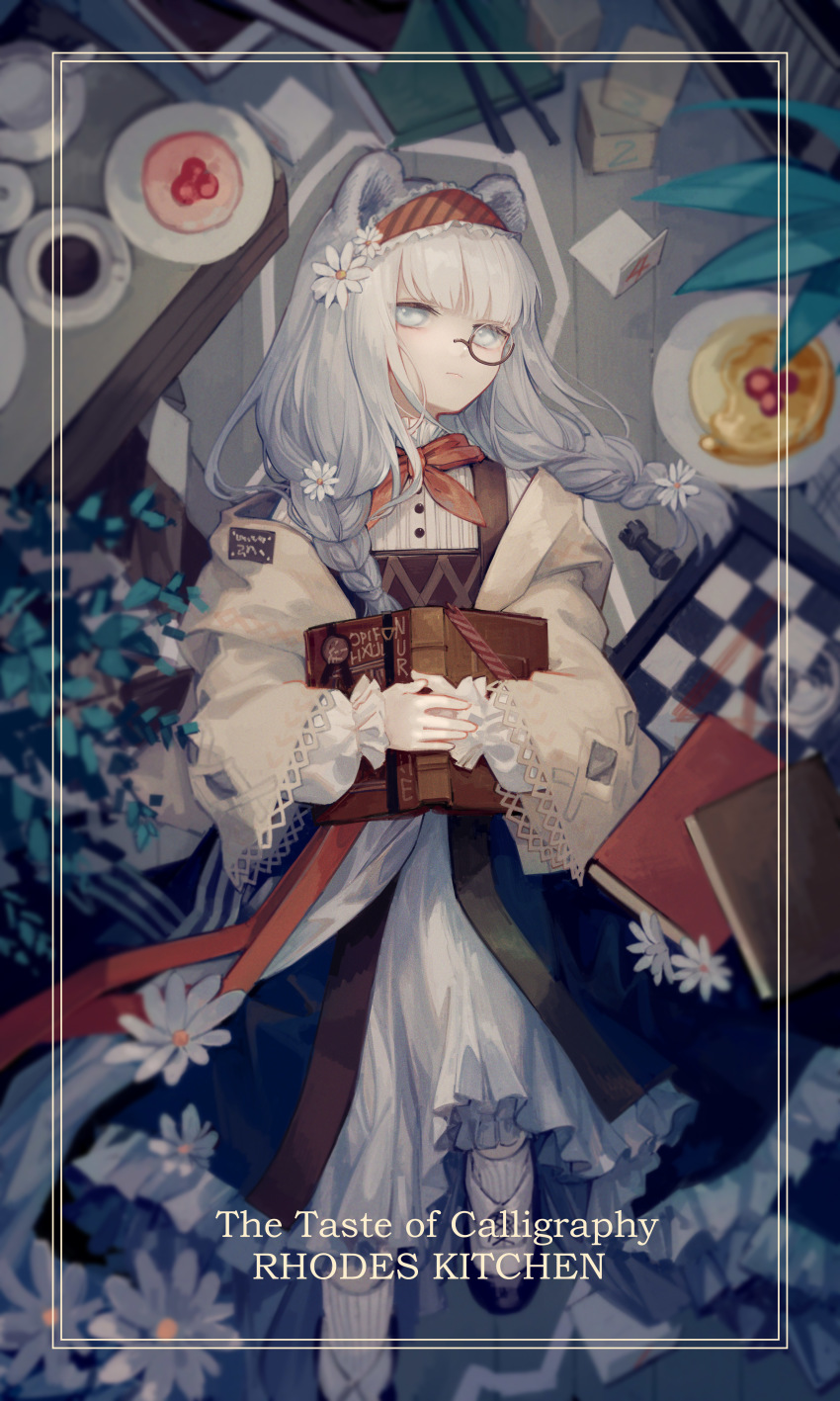 1girl absurdres animal_ears arknights bear_ears blunt_bangs book border bow bowtie braid brown-framed_eyewear brown_jacket chess_piece chessboard closed_mouth coffee commentary_request cup disposable_cup dress english_text expressionless eyebrows_hidden_by_hair flower food frilled_dress frilled_sleeves frills grey_eyes hairband highres istina_(arknights) istina_(bibliosmia)_(arknights) jacket knee_up long_hair long_sleeves looking_at_viewer lying miike_(992058) monocle official_alternate_costume on_back on_floor open_book open_clothes open_jacket outside_border own_hands_together pancake plate red_bow red_bowtie red_hairband rook_(chess) simple_background socks solo striped_clothes striped_hairband table teacup twin_braids waist_cape white_border white_dress white_flower white_socks wide_sleeves wooden_floor