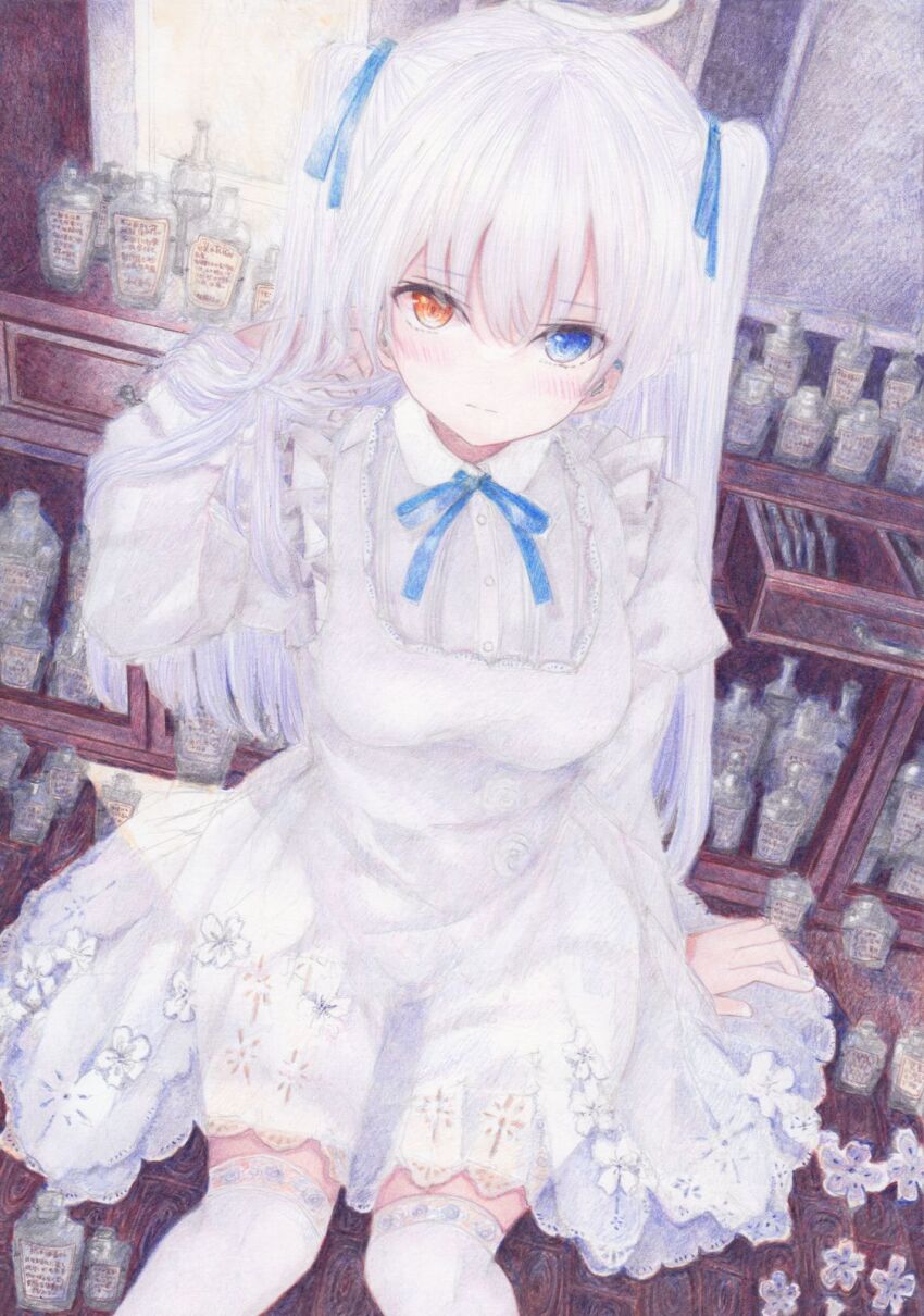 1girl blue_ribbon blush breasts closed_mouth colored_pencil_(medium) darkkanan deaf disability dress earphones eyes_visible_through_hair frilled_dress frills hair_between_eyes hair_ribbon halo hands_in_own_hair hearing_aid heterochromia highres long_hair looking_at_viewer medium_breasts original painting_(medium) pinafore_dress ribbon see-through_clothes sitting skirt sleeveless sleeveless_dress solo suspender_skirt suspenders thighhighs traditional_media twintails watercolor_(medium) white_dress white_hair