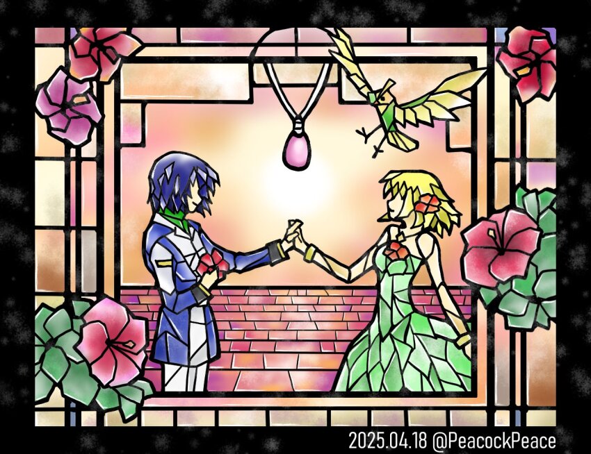 1boy 1girl amulet artist_name athrun_zala blonde_hair blue_hair cagalli_yula_athha commentary_request dated dress flower green_dress gundam gundam_seed gundam_seed_destiny gundam_seed_freedom hair_flower hair_ornament holding_hands military_uniform mosaic_art no_eyes peacockpeace short_hair stained_glass torii_(gundam) twitter_username