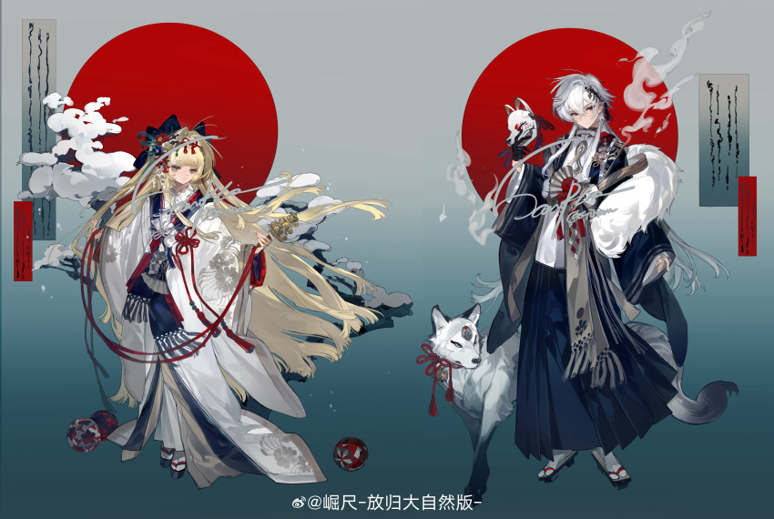 1boy 1girl absurdres floral_print geta gillannn hakama hakama_short_skirt hakama_skirt highres japanese_clothes kimono long_hair miko original red_kimono simple_background skirt white_kimono wide_sleeves