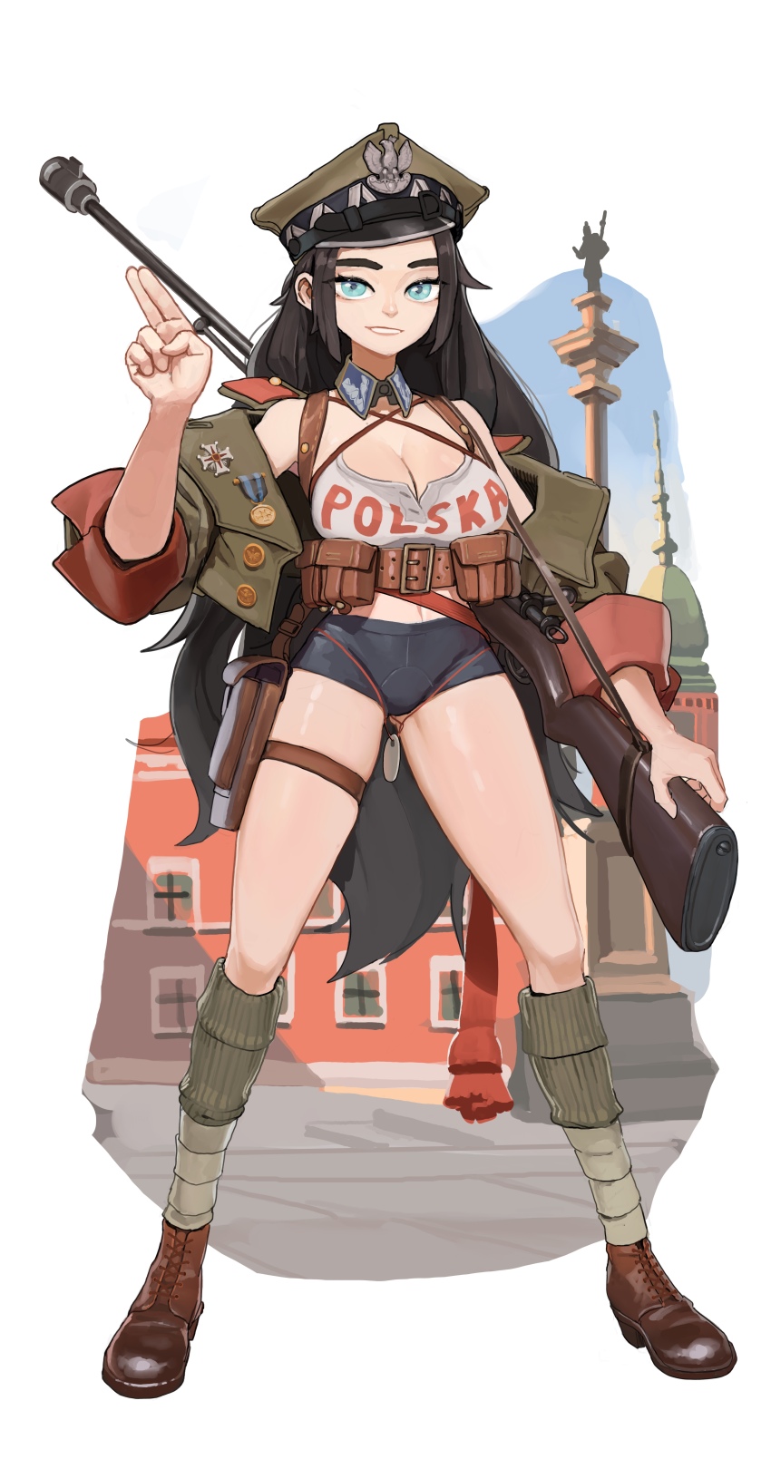 1girl absurdres black_shorts blue_eyes breasts brown_footwear brown_hair buttons cleavage crop_top day green_jacket green_socks gun hand_up hat highres holster jacket kneehighs large_breasts long_hair looking_at_viewer medallion micro_shorts military_hat military_jacket original outdoors peaked_cap poland rifle rifleman1130 shorts sniper_rifle socks solo statue thigh_holster weapon