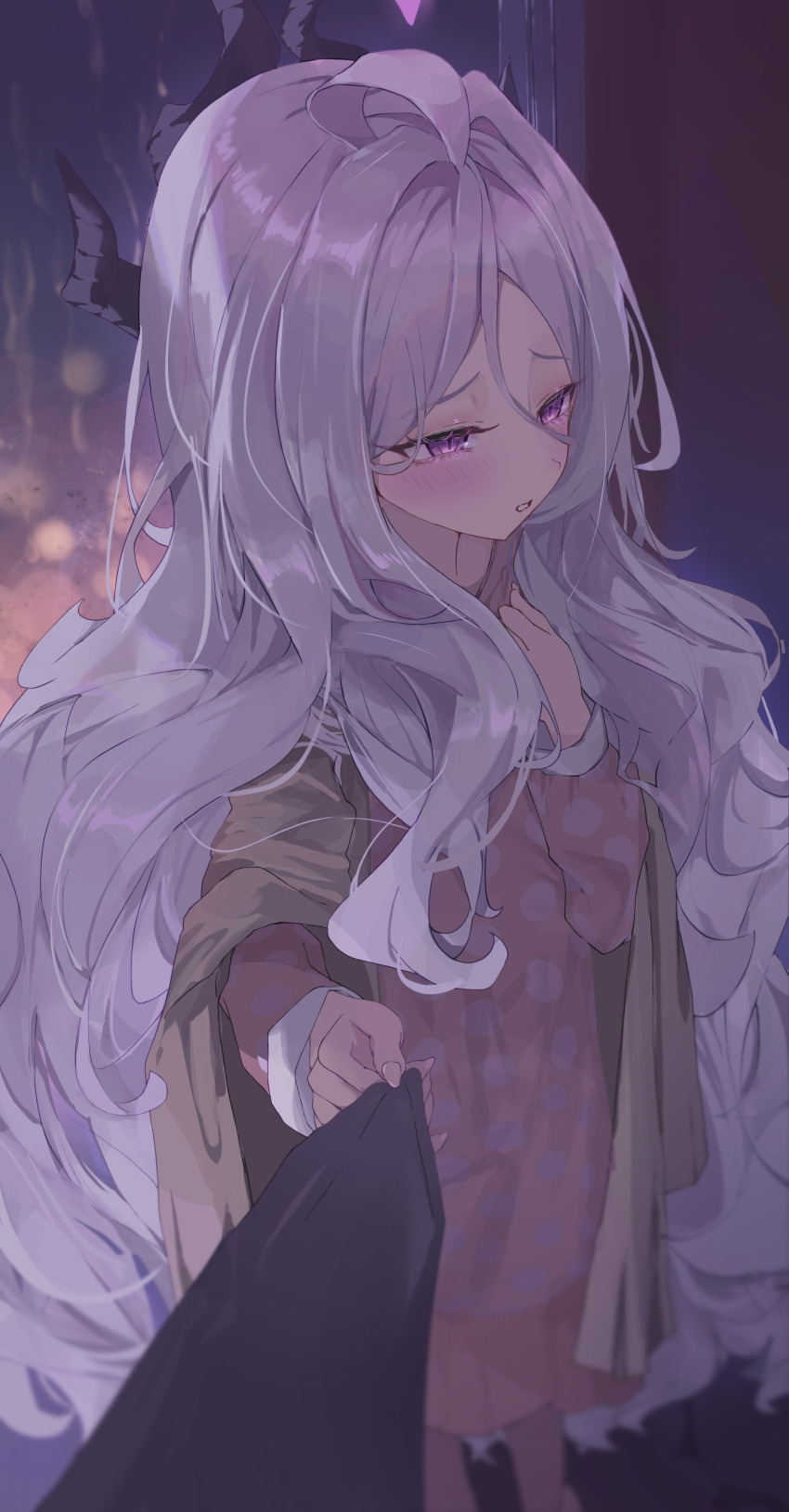 1girl absurdres black_halo black_horns blue_archive cardigan cardigan_on_shoulders demon_girl demon_horns grey_hair hair_between_eyes halo highres hina_(blue_archive) hina_(pajamas)_(blue_archive) horns long_hair long_sleeves multiple_horns nekoplanetouo official_alternate_costume open_cardigan open_clothes pajamas pink_pajamas polka_dot polka_dot_pajamas pov purple_eyes solo_focus very_long_hair yellow_cardigan