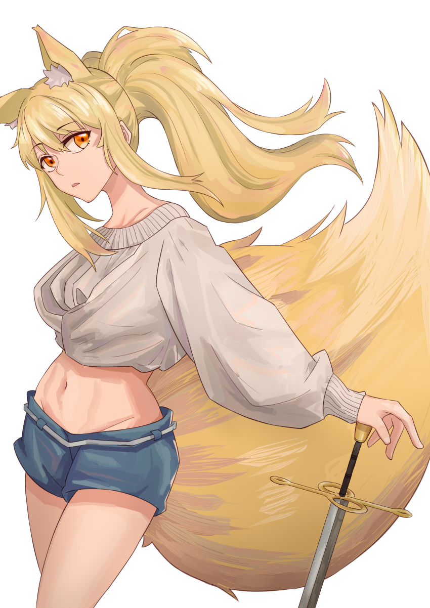 1girl absurdres alternate_costume animal_ear_fluff animal_ears arknights blonde_hair blue_shorts chinese_commentary commentary_request cowboy_shot crop_top female_focus fox_ears fox_tail grey_sweater groin hair_between_eyes head_tilt highres horse_girl large_tail lewenxijian long_hair long_sleeves looking_at_viewer midriff navel nearl_(arknights) orange_eyes parted_lips partial_commentary planted planted_sword planted_weapon ponytail puffy_sleeves short_shorts shorts sidelocks solo standing stomach sweater sword tail thighs weapon