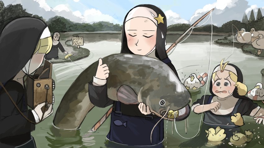 4girls @_@ animal animal_on_shoulder banana bangs_pinned_back bird bird_on_shoulder blonde_hair blue_eyes camera catfish chicken clinging closed_eyes clumsy_nun_(diva) commentary diva_(hyxpk) duck duckling english_commentary fish fishing fishing_line fishing_rod food froggy_nun_(diva) fruit grabbing highres holding holding_animal lake lifebuoy little_nuns_(diva) mouth_hold multiple_girls nun open_mouth outdoors partially_submerged pelican reflection rubber_band rubber_duck scared sign sleeping sleeves_rolled_up slice_of_life smile spicy_nun_(diva) star_(symbol) star_nun_(diva) surprised swim_ring thumbs_up topknot traditional_nun twin-lens_reflex_camera waders