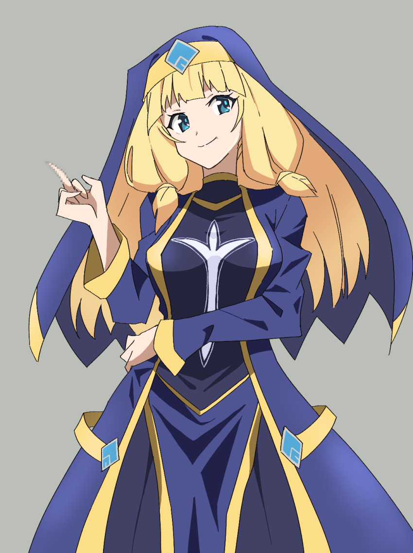 1girl blonde_hair blue_dress blue_eyes breasts cecily_(konosuba) censored censored_gesture closed_mouth cowboy_shot dress grey_background habit highres kono_subarashii_sekai_ni_shukufuku_wo! large_breasts looking_at_viewer middle_finger mosaic_censoring noyama_takenoko nun simple_background smile solo