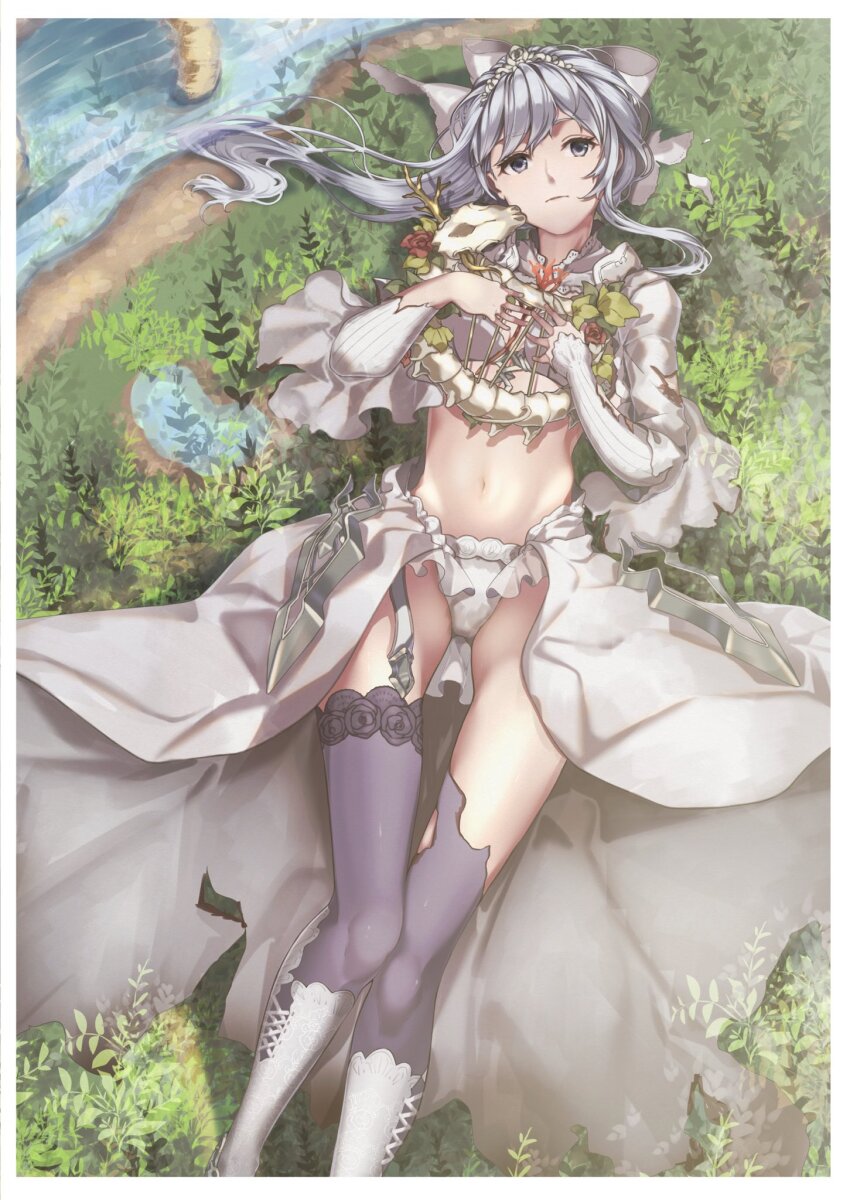 1girl black_thighhighs boots bow debuff999 flower grass grey_eyes hair_bow harp highres holding holding_instrument instrument lingerie long_sleeves looking_at_viewer lying on_back on_grass open_mouth panties parted_lips red_flower red_rose river rose short_hair single_sidelock sinoalice skirt snow_white_(sinoalice) thighhighs tiara torn_clothes torn_thighhighs underwear white_boots white_bow white_hair white_panties