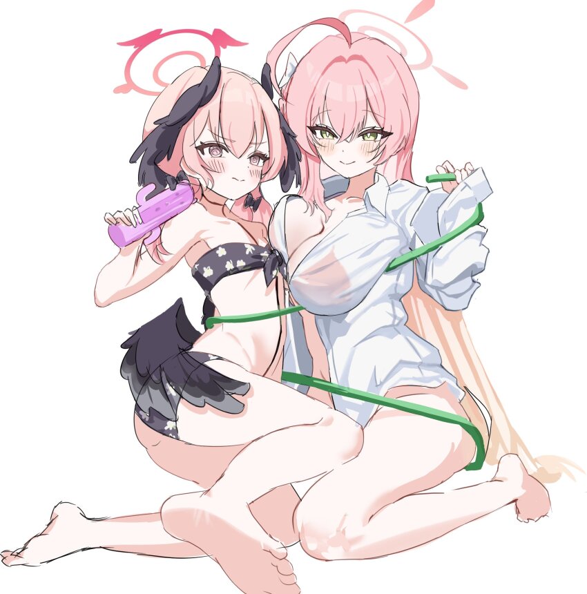 2girls @_@ ahoge angry bare_arms bare_legs bare_shoulders barefoot bikini black_bikini black_wings blue_archive blush body_markings breasts closed_mouth collared_shirt dot_nose dress_shirt feathered_wings flat_chest floral_print_bikini full_body ginichu1003 gradient_hair green_eyes groin hair_between_eyes halo hanako_(blue_archive) hanako_(swimsuit)_(blue_archive) head_wings highres holding holding_hose hose huge_ahoge koharu_(blue_archive) koharu_(swimsuit)_(blue_archive) large_breasts long_hair looking_at_viewer low_wings multicolored_hair multiple_girls no_panties on_one_knee open_clothes open_shirt orange_hair pink_bikini pink_eyes pink_hair pink_halo shirt simple_background sitting sketch smile strapless strapless_bikini swimsuit twintails v-shaped_eyebrows very_long_hair white_background white_shirt wings