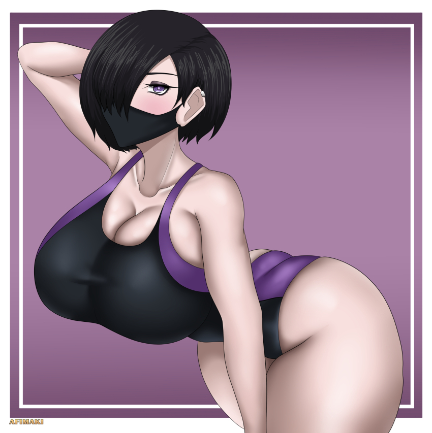 1girl afimaki bare_legs bikini black_hair breasts cleavage highres kanisuka_rita large_breasts mask mouth_mask ohsama_sentai_king-ohger one-piece_bikini pin_up purple_eyes super_sentai swimsuit tagme