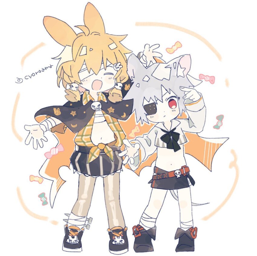 2girls ahoge animal_ear_fluff animal_ears arknights bandage_over_one_eye bandaged_arm bandaged_leg bandages belt black_bow black_bowtie black_capelet black_shoes black_skirt blonde_hair bone_print bow bowtie candy capelet click_(arknights) click_(grave_thief)_(arknights) crescent_print crop_top eyepatch food full_body grey_hair grey_pantyhose hair_ornament kroos_(arknights) kroos_(the_mag)_(arknights) long_sleeves mouse_tail multiple_girls naguru_(cyoroama) navel open_clothes open_mouth open_shirt orange_shirt pantyhose plaid_clothes plaid_shirt print_pantyhose rabbit_ears red_belt red_eyes shirt shoes short_twintails skirt skull_hair_ornament smile star_(symbol) striped_clothes striped_skirt tail tied_shirt twintails twitter_username white_shirt wrapped_candy