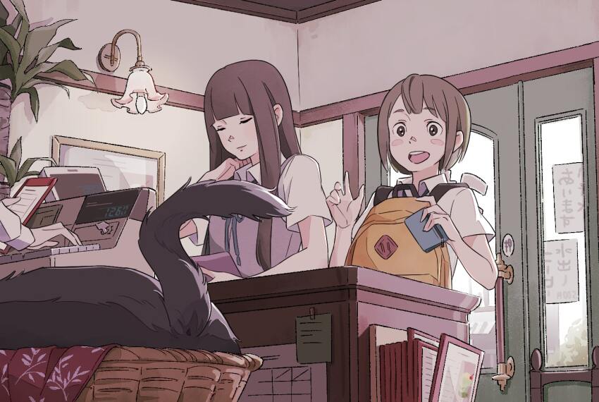 1other 2girls animal anus backwards_backpack bag basket black_cat blush_stickers brown_hair cash_register cat clipboard collared_shirt commentary door holding holding_wallet indoors looking_at_animal menu morison multiple_girls open_mouth original restaurant round_teeth shirt short_sleeves teeth wall_lamp wallet white_shirt yellow_bag