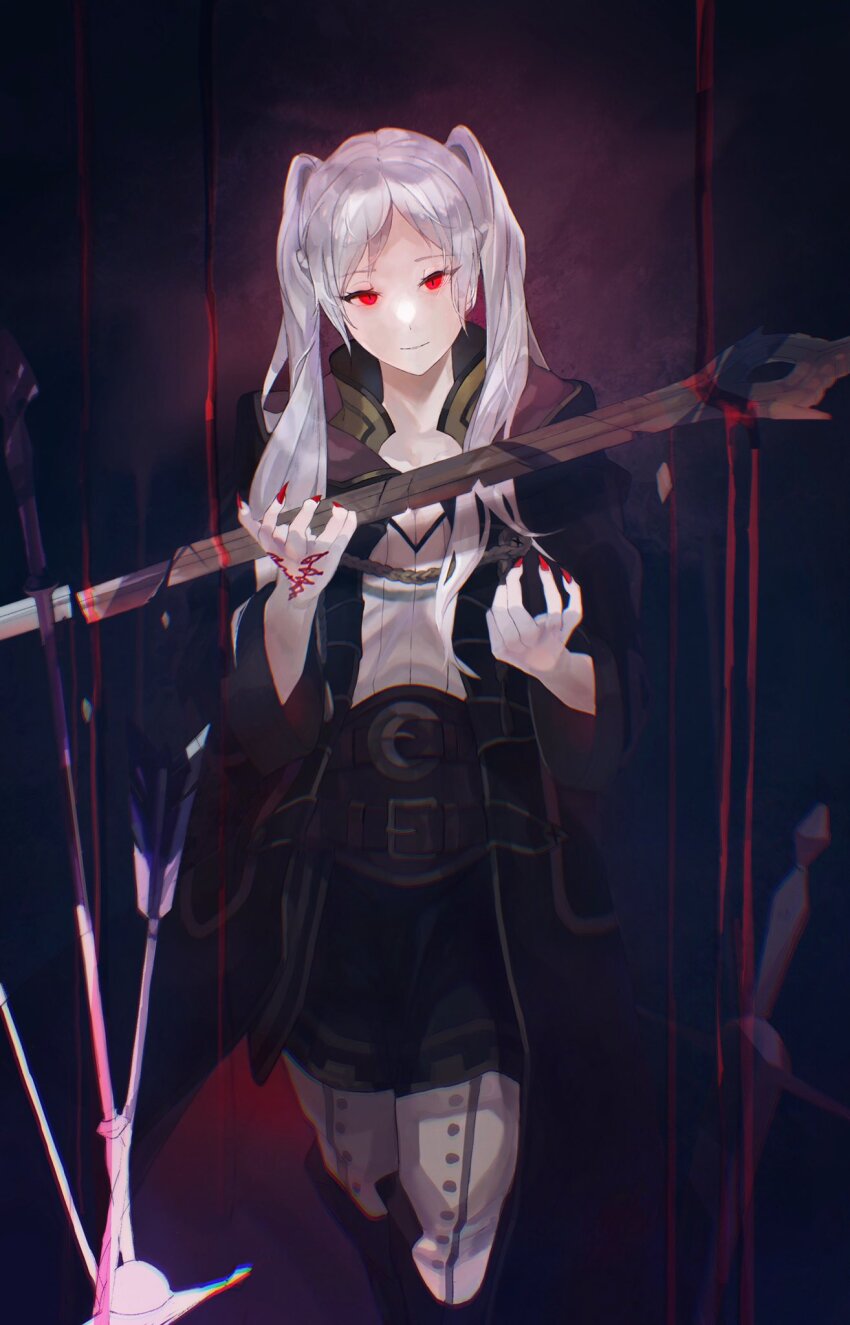 1girl black_robe blood broken broken_sword broken_weapon closed_mouth falchion_(fire_emblem) fire_emblem fire_emblem_awakening gimkamres04 grima_(fire_emblem) highres holding holding_sword holding_weapon long_hair long_sleeves looking_at_viewer nintendo pants parted_bangs red_nails robe robin_(fire_emblem) shirt slit_pupils smile standing sword twintails weapon white_hair white_pants white_shirt