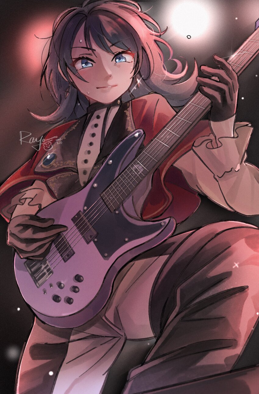 1girl absurdres bang_dream! bang_dream!_it&#039;s_mygo!!!!! black_gloves black_hair black_pants blue_eyes blush capelet chinese_commentary closed_mouth commentary_request earrings gloves highres instrument jewelry long_hair long_sleeves music pants playing_bass_guitar playing_instrument red_capelet smile solo sweat timoris_(bang_dream!) two-tone_pants white_pants yahata_umiri yoyoray20001996