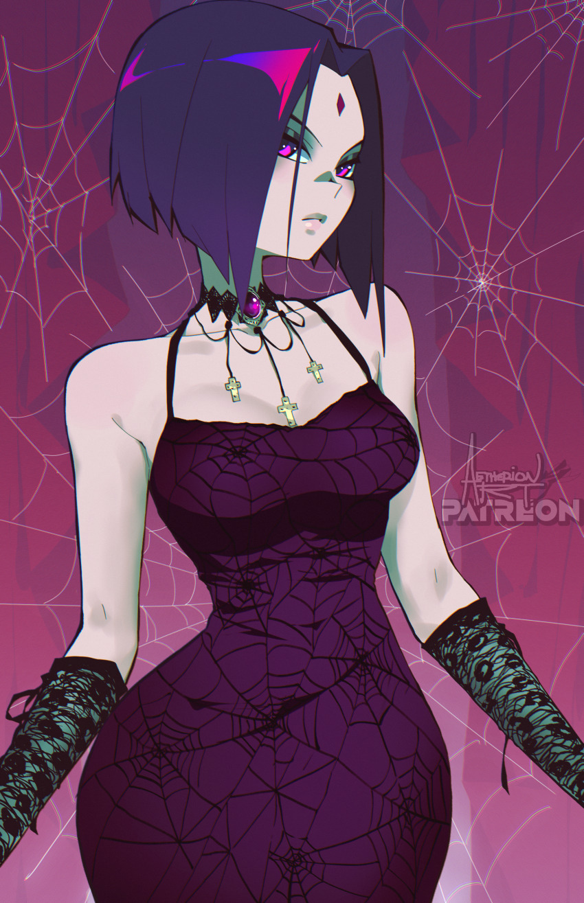 1girl absurdres aetherion alternate_costume artist_name bare_shoulders choker colored_skin commentary cross dc_comics english_commentary forehead_jewel gem grey_skin highres lace lace_choker purple_eyes purple_hair raven_(dc) short_hair silk solo spider_web spider_web_print teen_titans