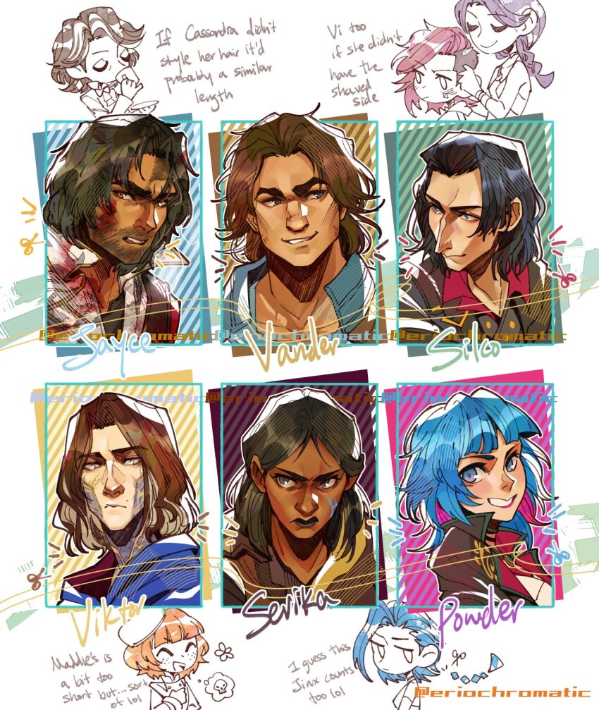 4boys 6+girls angry arcane:_league_of_legends arcane_jayce arcane_jinx arcane_vi artist_name black_hair blue_hair braid brown_hair character_name commentary english_commentary english_text eriochromatic felicia_(arcane) grey_hair grin highres jayce_(league_of_legends) jinx_(league_of_legends) league_of_legends long_hair looking_at_another looking_to_the_side maddie_nolen multicolored_hair multiple_boys multiple_girls pink_hair powder_(arcane) purple_hair sevika_(arcane) silco_(arcane) smile streaked_hair twitter_username vander_(arcane) vi_(league_of_legends) viktor_(arcane) viktor_(league_of_legends)