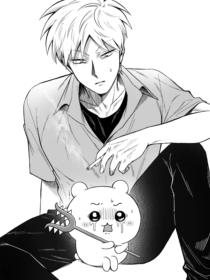 1boy akagi:_yami_ni_oritatta_tensai akagi_shigeru chiikawa chiikawa_(character) cigarette collared_shirt commentary_request creature crossover feet_out_of_frame fukumoto_mahjong greyscale highres holding holding_cigarette looking_down male_focus monochrome niwatori_panda open_mouth pants shirt short_hair simple_background sitting solo undershirt